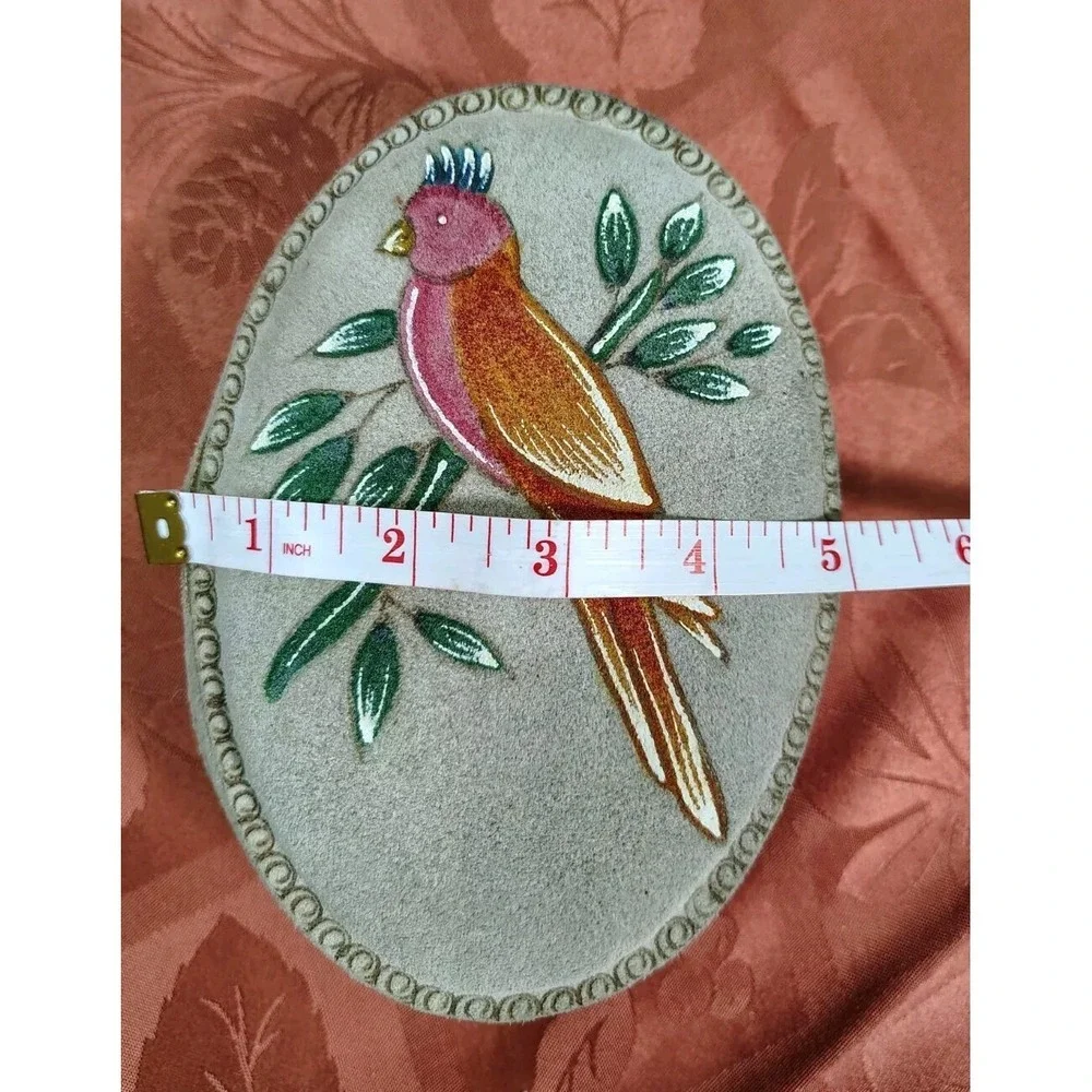 Vtg Leather Padded Embroidered Cockatoo Parrot Jewelry Trinket Felt Lined Box